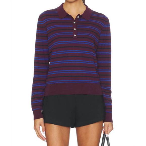 PISTOLA Sweaters - NEW PISTOLA greta long sleeve polo sweater in claret azure stripe